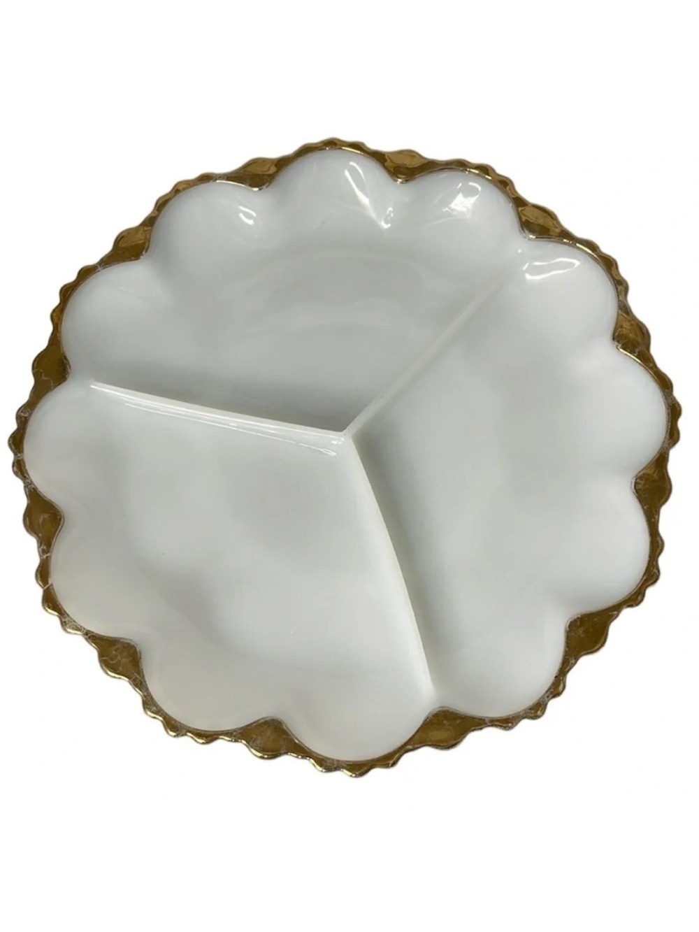 VINTAGE White Milk Glass Scallop Gold Rim Serving Dish 3 Section